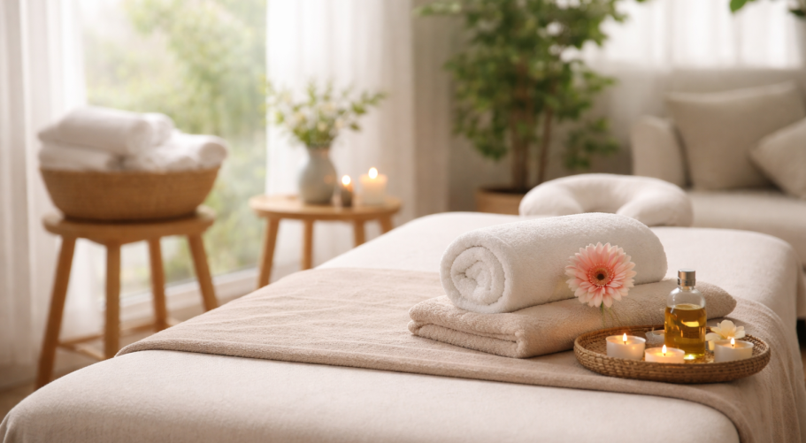 Table de massage confortable, linge, produits bio et naturels. Drainage lymphatique, réflexologie plantaire