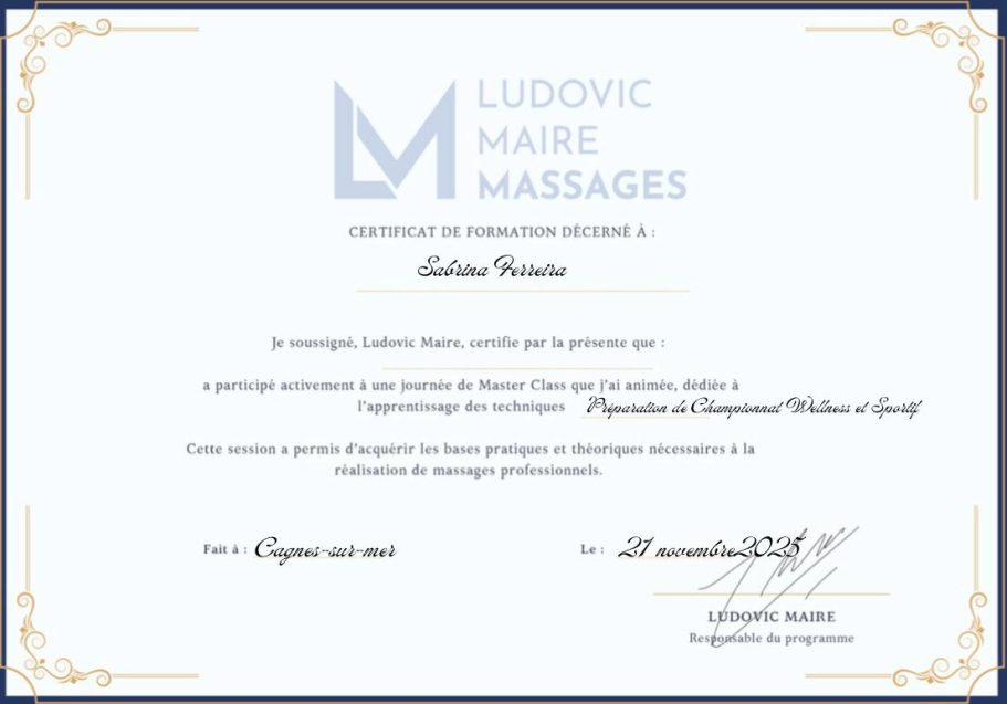 Sabrina FERREIRA Formation Ludovic Maire Massages